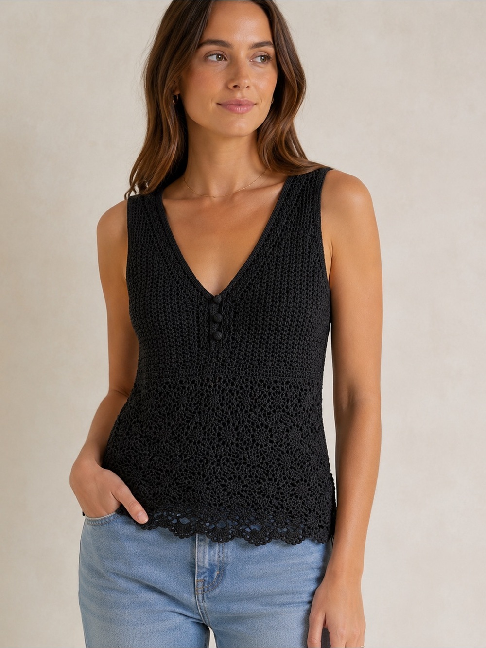 INC International Concepts Black Crochet V-Neck Tank Top Boho Size Large
